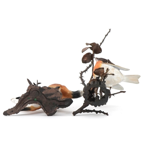 513 - Two Albany Worcester porcelain and bronze figures, one a robin perched on a bramble and the other a ... 