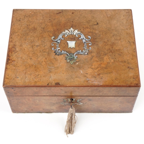 195 - Victorian walnut and mother of pearl inlaid jewellery box, H-14cm x W-30cm x D-22cm