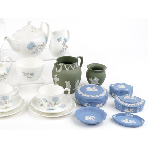 561 - Small collection of Wedgwood Jasperware to include jug, vase, three trinket boxes and two trays toge... 