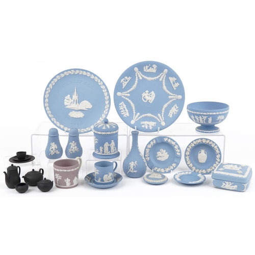 524 - Group of Wedgwood Jasperware to include a salt and pepper, mug and saucer, bottleneck vase, jar and ... 