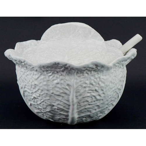 1125 - Bordallo Pinheiro Portuguese white glazed Cabbage Ware tureen and cover with ladle, 20cm high x 26cm... 