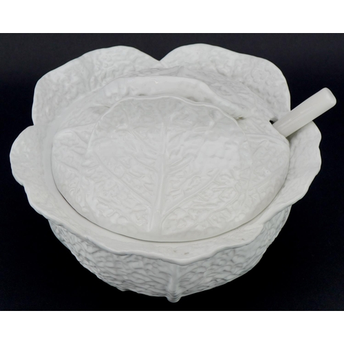 1125 - Bordallo Pinheiro Portuguese white glazed Cabbage Ware tureen and cover with ladle, 20cm high x 26cm... 