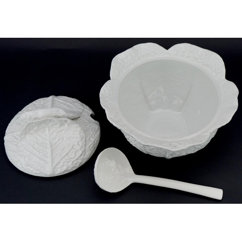 1125 - Bordallo Pinheiro Portuguese white glazed Cabbage Ware tureen and cover with ladle, 20cm high x 26cm... 