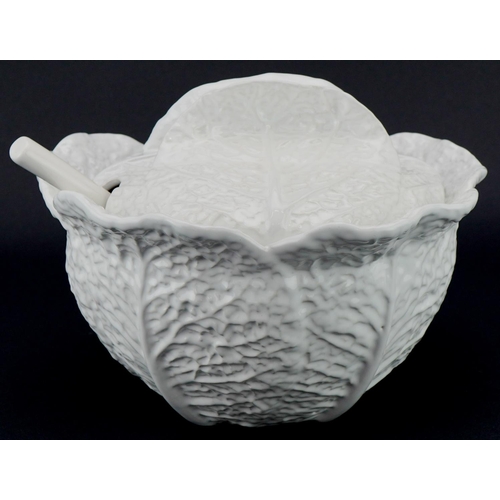 1125 - Bordallo Pinheiro Portuguese white glazed Cabbage Ware tureen and cover with ladle, 20cm high x 26cm... 