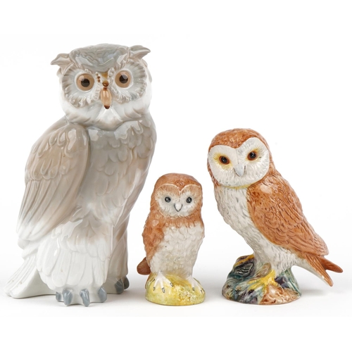 518 - Two Beswick models of owls, the largest 12cm, together with a Nao figure of an owl, 18cm high