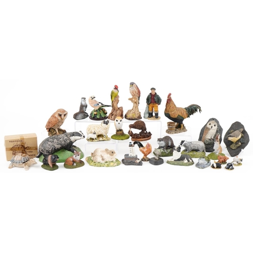 1142 - Small collection of various hand painted resin figures of birds and animals to include a badger, rab... 