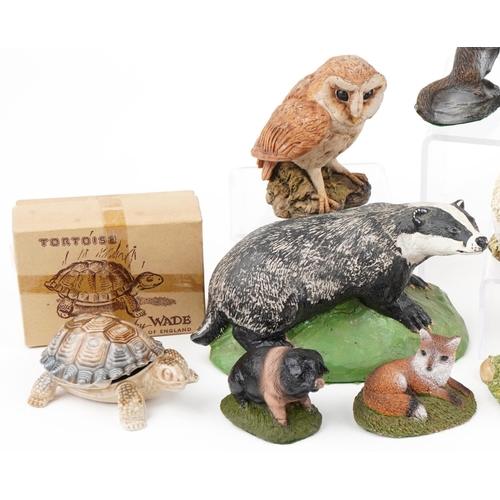 1142 - Small collection of various hand painted resin figures of birds and animals to include a badger, rab... 