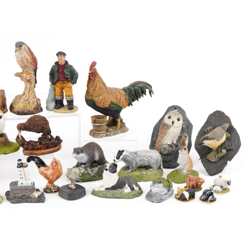 1142 - Small collection of various hand painted resin figures of birds and animals to include a badger, rab... 