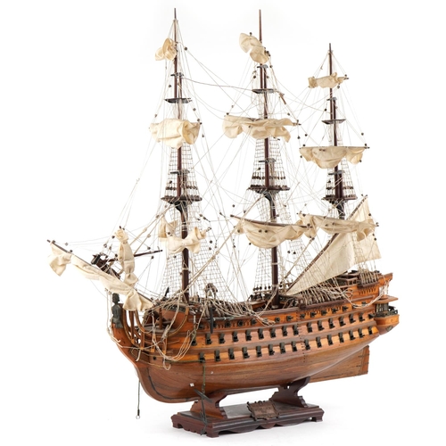 342 - Good and detailed wooden model of the three masted ship Royal Louis having three decks with cannons,... 