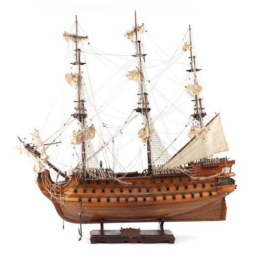 342 - Good and detailed wooden model of the three masted ship Royal Louis having three decks with cannons,... 