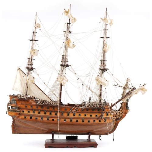 342 - Good and detailed wooden model of the three masted ship Royal Louis having three decks with cannons,... 