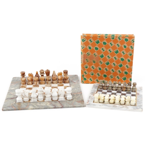 2025 - Mid to late 20th century marble chequer board together with two marble chess sets, the board 36cm x ... 