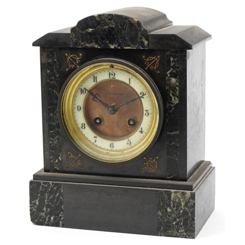 1138 - Late Victorian slate and marble mantle clock by Evershed & Sons, Hove, 23cm H x 19cm W x 11.5cm D