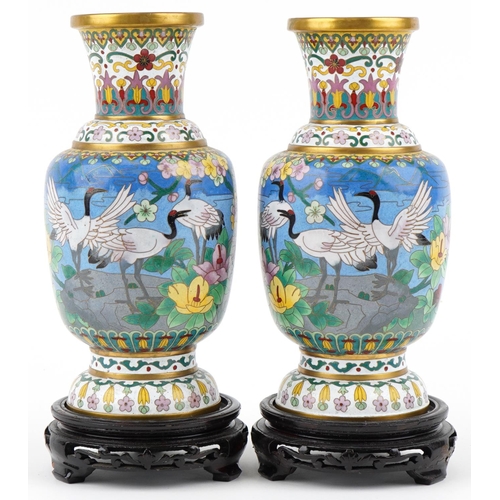 53 - Pair of Chinese cloisonné vases, mid 20th century, each with polychrome decoration depicting cranes ... 