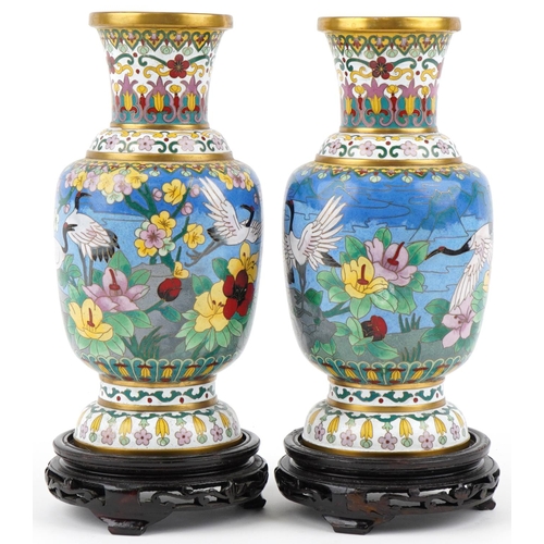 53 - Pair of Chinese cloisonné vases, mid 20th century, each with polychrome decoration depicting cranes ... 