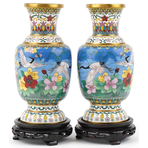 53 - Pair of Chinese cloisonné vases, mid 20th century, each with polychrome decoration depicting cranes ... 