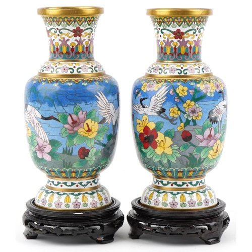 53 - Pair of Chinese cloisonné vases, mid 20th century, each with polychrome decoration depicting cranes ... 