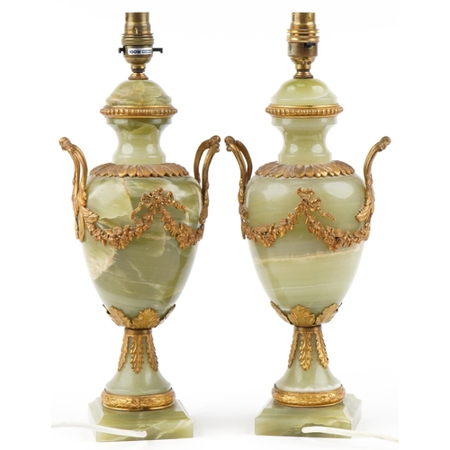 271 - Pair of mid 20th century Neo-Classical Revival green onyx table lamps with gilt metal mounts, 41cm h... 