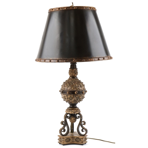 348 - 20th century Neo-Classical Revival style resin table lamp with tole painted tin shade, 98cm high