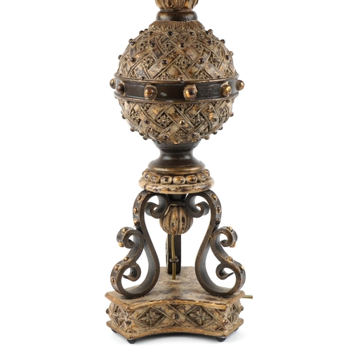 348 - 20th century Neo-Classical Revival style resin table lamp with tole painted tin shade, 98cm high