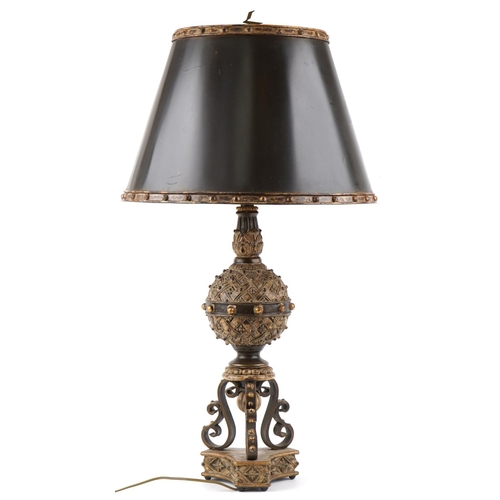 348 - 20th century Neo-Classical Revival style resin table lamp with tole painted tin shade, 98cm high