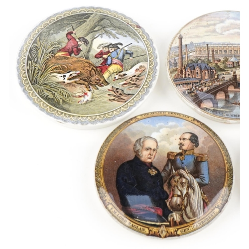 306 - Group of five variously hand painted pot lids Prattware, the largest 13cm in diameter