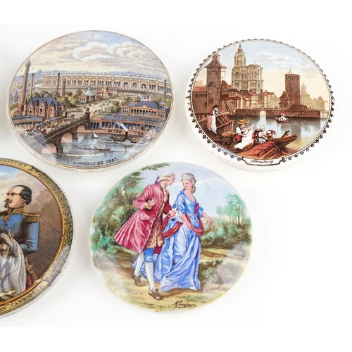 306 - Group of five variously hand painted pot lids Prattware, the largest 13cm in diameter