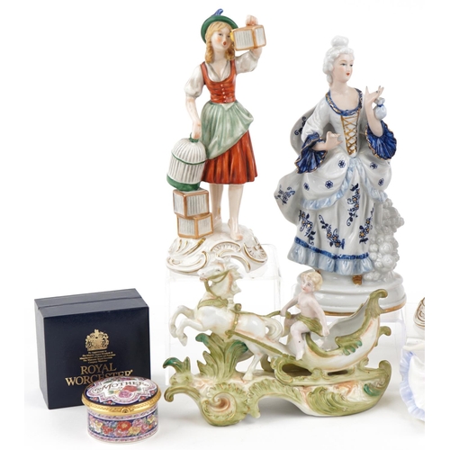 525 - Group of three Goebel porcelain figures together with a pair of Goebel porcelain figures of cherubs ... 