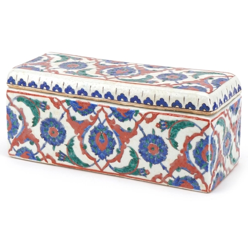 246 - Ottoman Turkish Iznik glazed pottery rectangular box and cover, 20th century, hand painted with styl... 