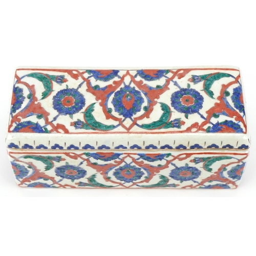 246 - Ottoman Turkish Iznik glazed pottery rectangular box and cover, 20th century, hand painted with styl... 