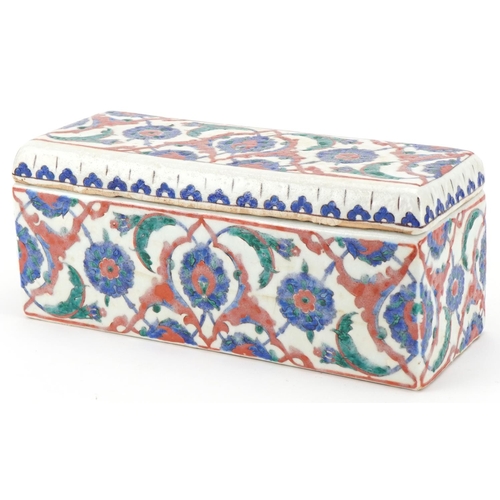 246 - Ottoman Turkish Iznik glazed pottery rectangular box and cover, 20th century, hand painted with styl... 