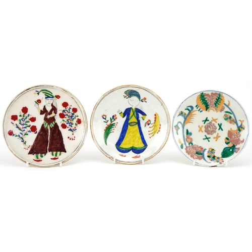 204 - Group of three Ottoman Turkish Kütahya glazed pottery plates, 20th century, each hand painted, two d... 