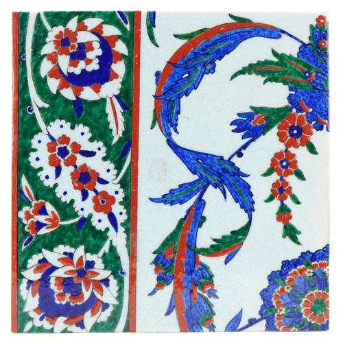 86 - Ottoman Turkish Iznik glazed pottery tile, 20th century, hand painted with stylized flowers, 27cm x ... 