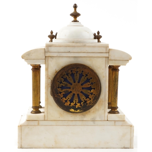 1418 - Victorian white marble mantle clock with gilt brass mounts, the enamelled chapter ring having Arabic... 