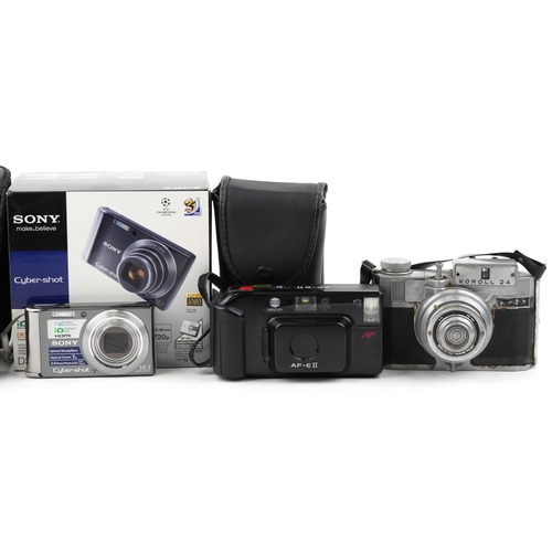 1476 - Vintage and later cameras including a Sony Cybershot DSC-W370 with box, Koroll 24, Minolta AF-E2 and... 