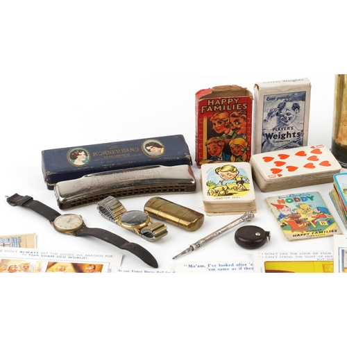 1207 - Sundry items including military interest trench art shell case, Hohner harmonica with box, vintage p... 