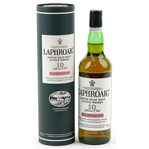 Bottle of Laphroaig 10 Year Original Cask Strength Single Islay Malt Scotch whisky with box