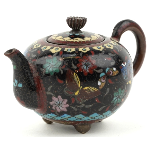 216 - Miniature Chinese cloisonné teapot enamelled with butterflies amongst flowers, 10cm in length