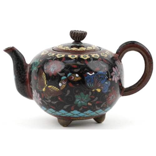 216 - Miniature Chinese cloisonné teapot enamelled with butterflies amongst flowers, 10cm in length