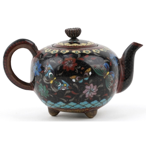 216 - Miniature Chinese cloisonné teapot enamelled with butterflies amongst flowers, 10cm in length