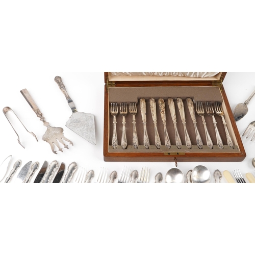 1205 - Collection of various plated flatware to including a cased fish set of knives and forks, the case 35... 