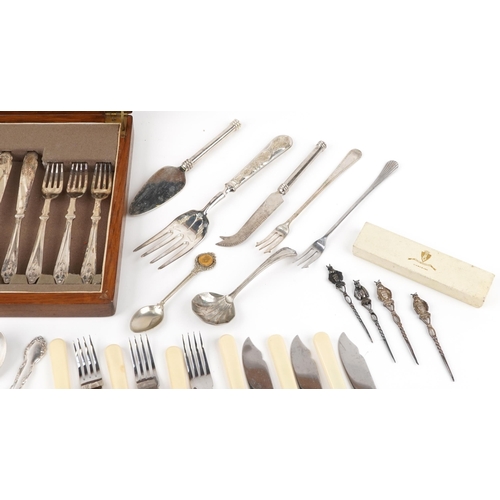 1205 - Collection of various plated flatware to including a cased fish set of knives and forks, the case 35... 