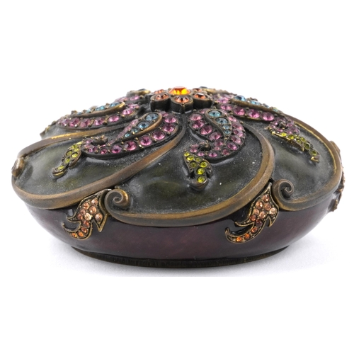 1236 - J. Stongwater bronze and enamelled bowl and cover with faux gem set encrusted top and interior, 10cm... 