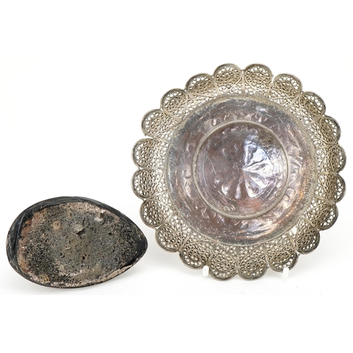 480 - An Indian .800 silver filigree dish, 15cm in diameter, together with an Indian .800 silver desk blot... 