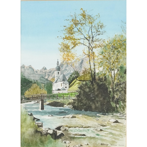 3504 - Frank Parr - Chapel in the Valley, Bavaria, watercolour on paper, framed and glazed, 29cm x 22cm