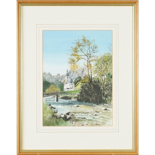 3504 - Frank Parr - Chapel in the Valley, Bavaria, watercolour on paper, framed and glazed, 29cm x 22cm