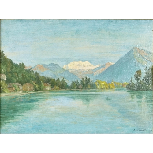  G. Lüscher (1881-1975) - Swiss landscape, Continental school, oil on canvas within a gilt moulded fr... 