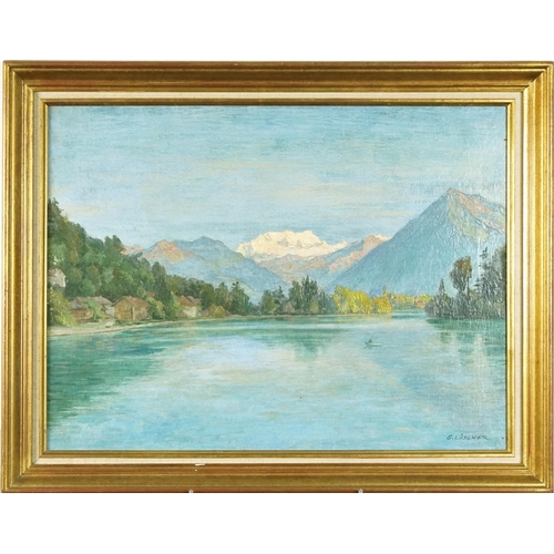  G. Lüscher (1881-1975) - Swiss landscape, Continental school, oil on canvas within a gilt moulded fr... 