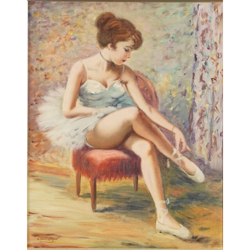 3417 - Portrait of a ballerina, Modern British school oil on canvas, indistinctly signed lower left corner,... 