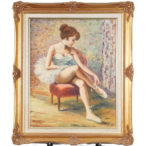 3417 - Portrait of a ballerina, Modern British school oil on canvas, indistinctly signed lower left corner,... 